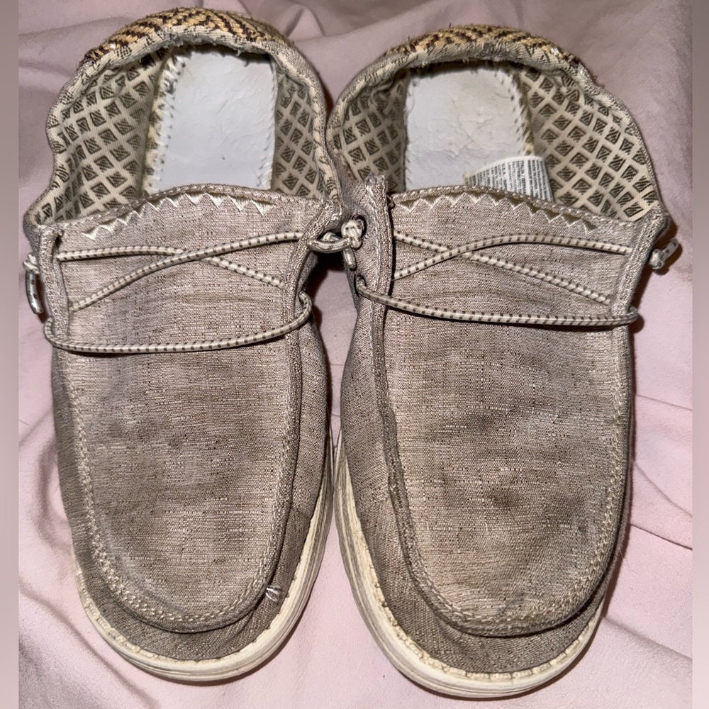 Hey Dude Cream and Brown Slip-On Shoes